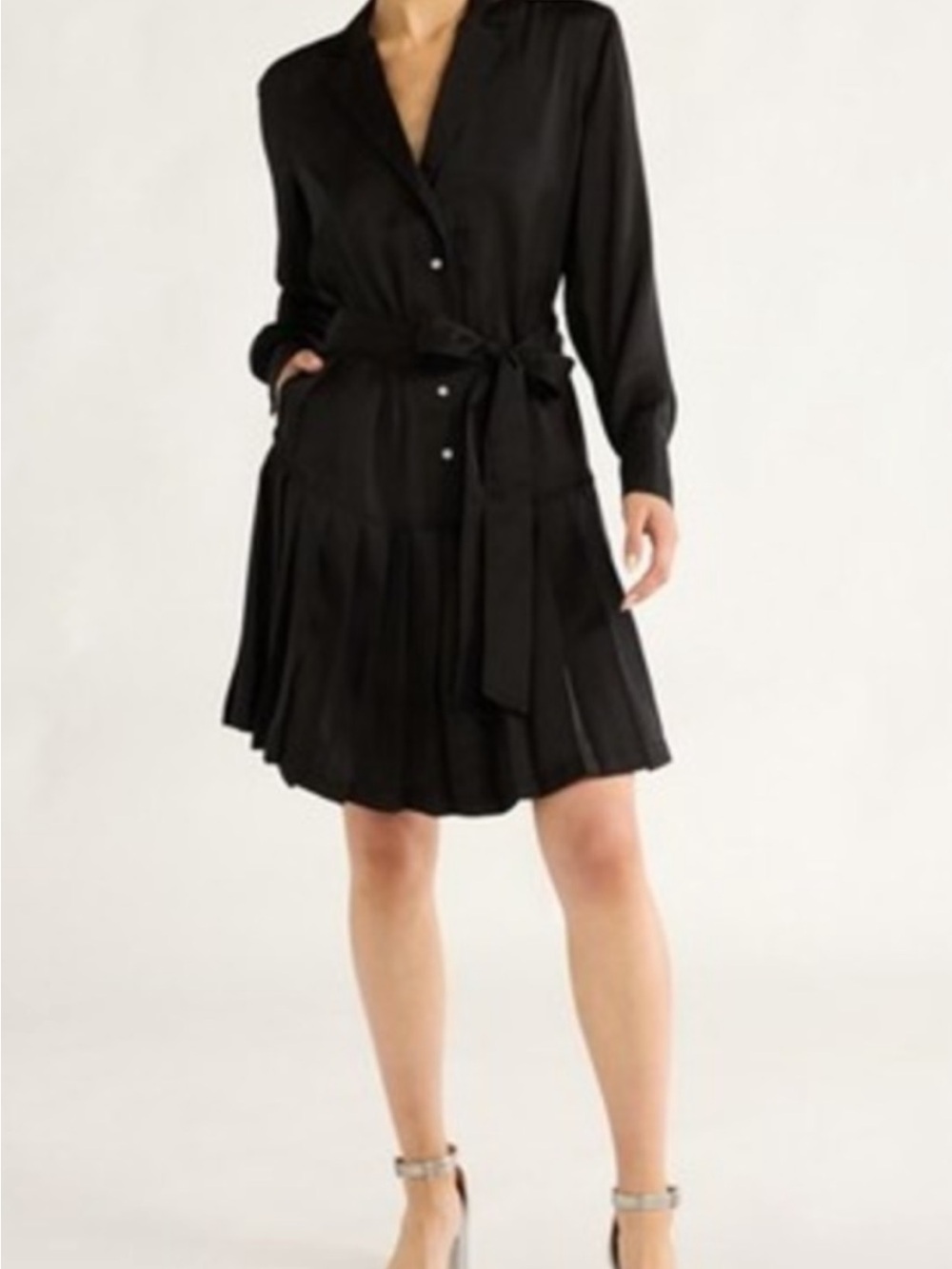 Free Assembly sz Small Black Button-Front Tie Waist Dress drop pleated skirt